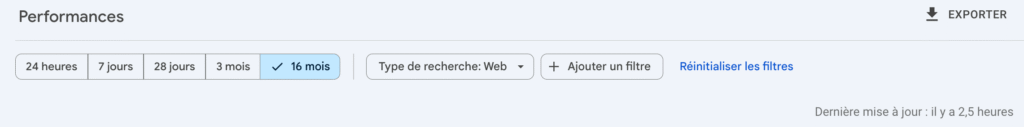 Pour identifier une chute de trafic seo sur une plage de 16 mois via la google search console
