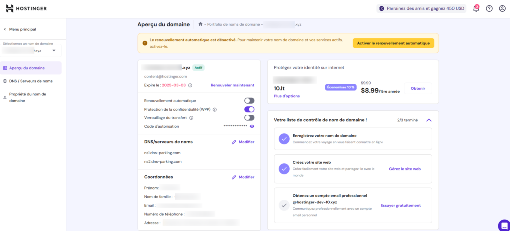 dashboard hpanel - avis hostinger